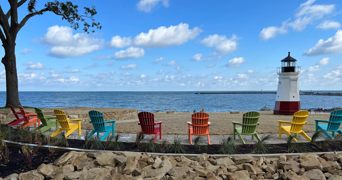 Rainbow adirondack chairs at Main St. Beach, upper deck.